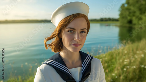 Confident young European woman in classic sailor outfit and peaked hat portrait