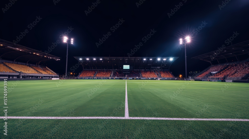 Fototapeta premium Evening Floodlit Soccer Stadium, Empty Field Conveying Championship Ambiance.