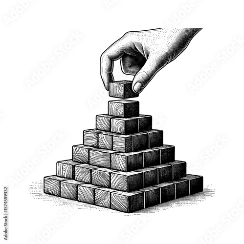 Hand placing block on top of pyramid made of wooden blocks in engraving style