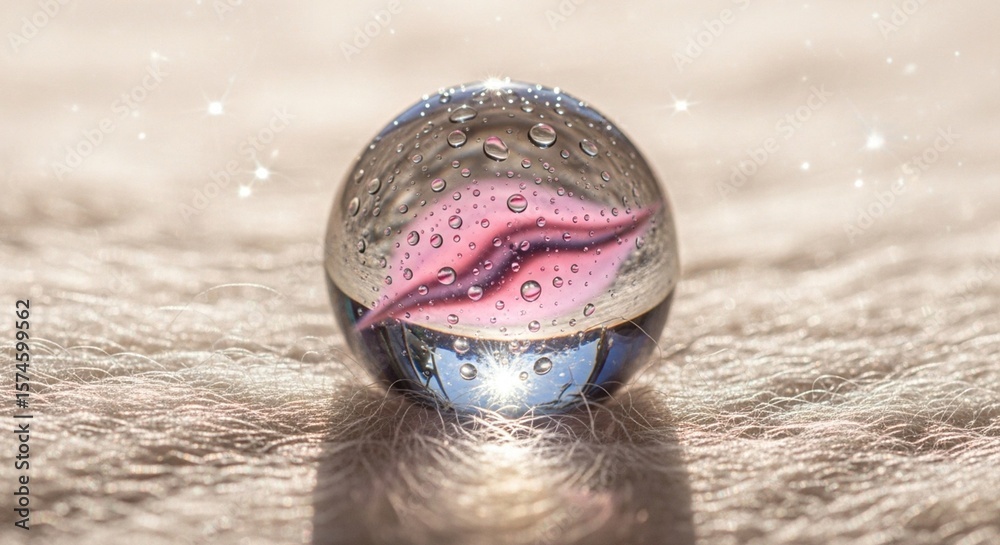 Obraz premium Dew-covered glass marble on ivory wool close-up