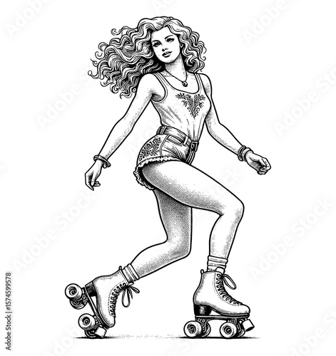 Woman on Roller Skates in Tank Top and Shorts with Curly Hair in Black and White Illustration