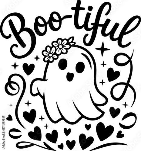 Cute ghost with flowers and hearts, boo-tiful halloween design