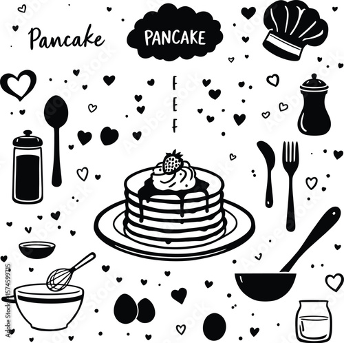 Pancake breakfast recipe food illustration vector design cooking ingredients kitchen utensils sweet dessert