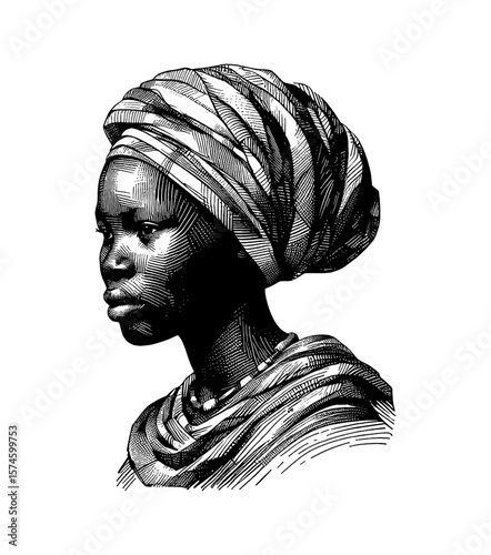 Elegant African Woman Portrait with Turban and Traditional Jewelry in Engraving Style