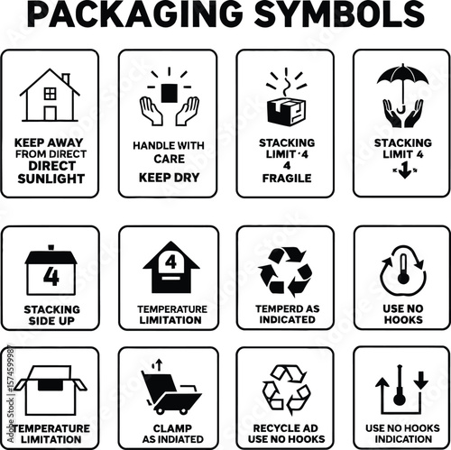 Packaging handling symbols guide for shipping fragile goods and temperature limitations storage and recycling