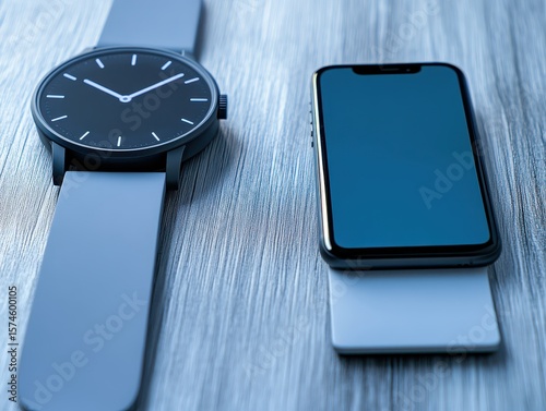 Modern watch next to smartphone on wireless charger. AI-generated.