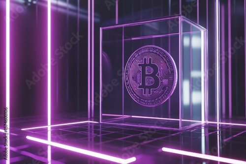 Bitcoin coin enclosed in a futuristic glass box. AI-generated.