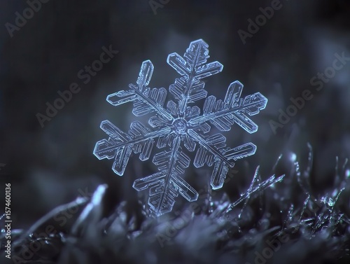 Snowflake on grass in extreme close-up. AI-generated.