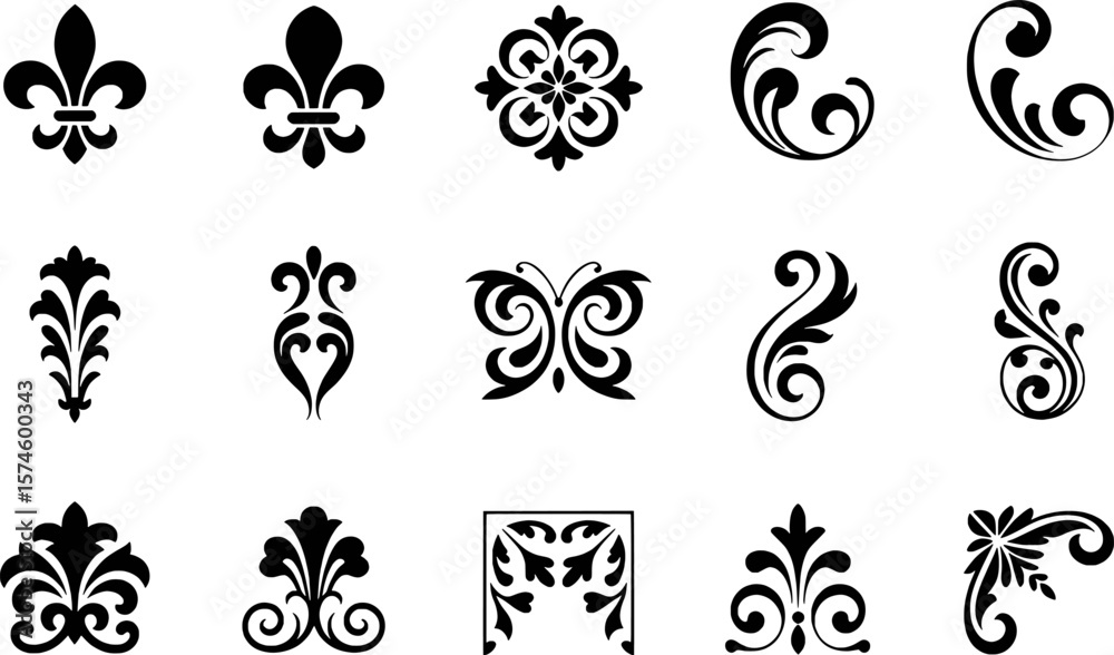 Naklejka premium Black decorative ornamental flourishes and floral elements vector