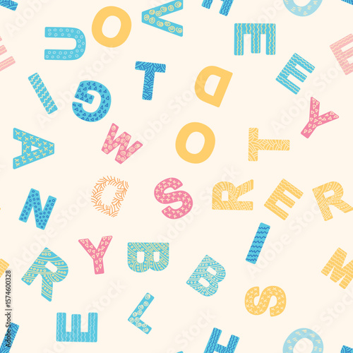 ABC seamless pattern in simple cartoon style. Cute alphabet print - hand drawn childish seamless pattern design. Digital paper.