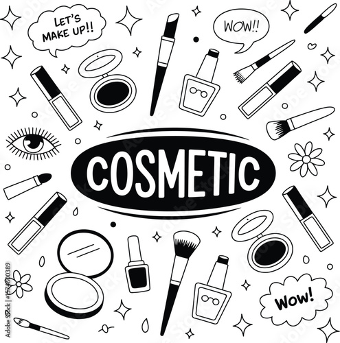 Cosmetic beauty products makeup brushes and nail polish vector illustration for beauty salon design