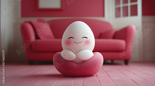 A cheerful egg sits in a pink heart-shaped cushion.