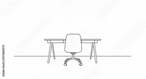 Front view of minimalist home office desk and chair line art hand drawing in plain white background