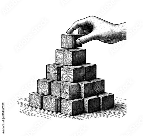 Hand Placing Wooden Block on Top of Pyramid Structure in Detailed Engraving Style