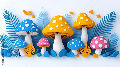 Colorful mushrooms and leaves in a whimsical arrangement.