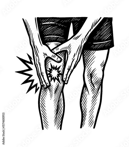 Close-up Illustration of Hands Touching Injured Knee with Pain Effect in Black and White