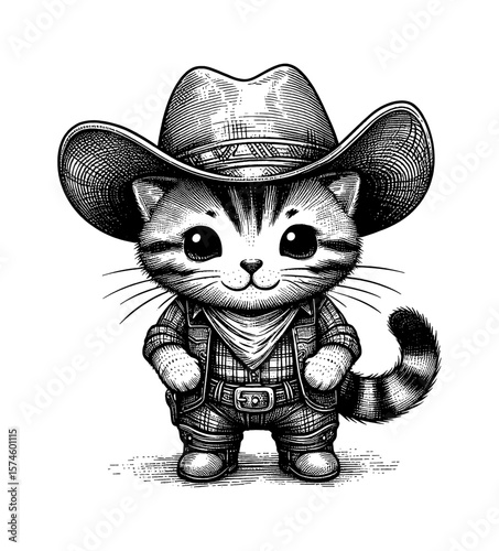 Adorable Cowboy Cat Wearing Hat and Plaid Outfit Standing Posing Cute Engraving Style