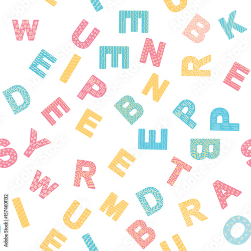 ABC seamless pattern in simple cartoon style. Cute alphabet print - hand drawn childish seamless pattern design. Digital paper.