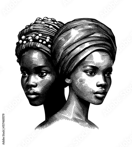 Elegant Black African Women Side View Portrait Detailed Engraving Style Line Art