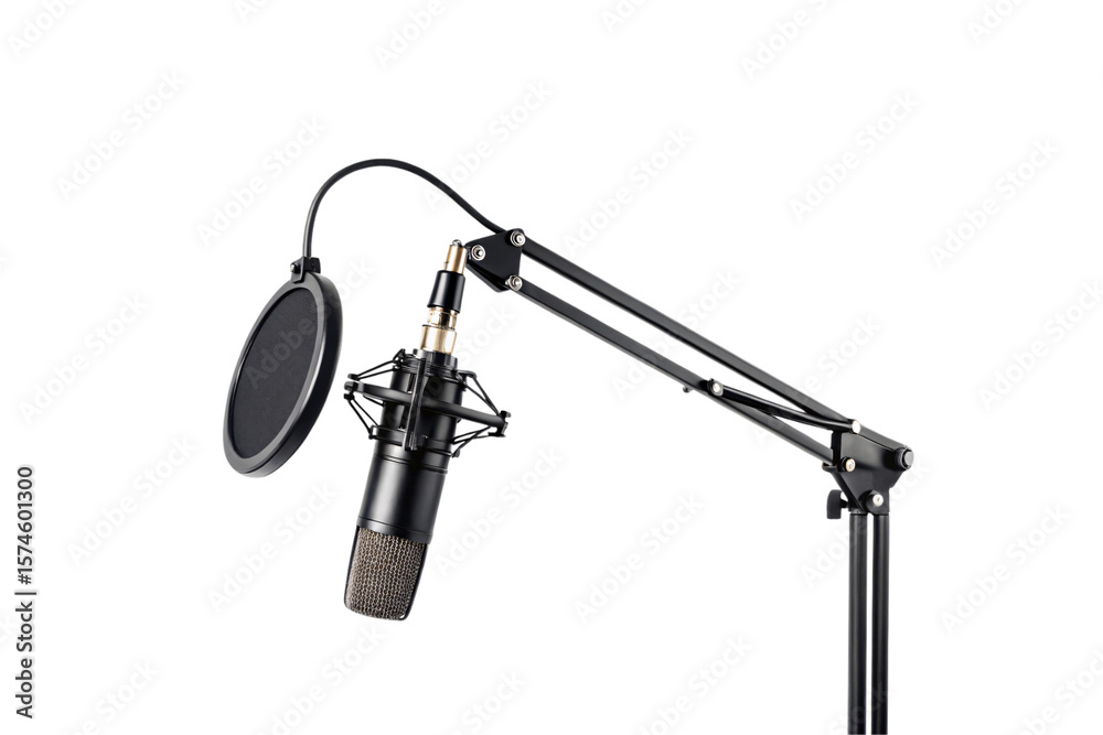Fototapeta premium Studio condenser microphone with pop filter and shock mount on adjustable boom arm stand, isolated on a transparent background