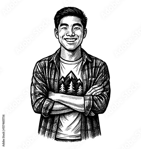 Smiling Asian man with crossed arms in detailed black and white engraving illustration style