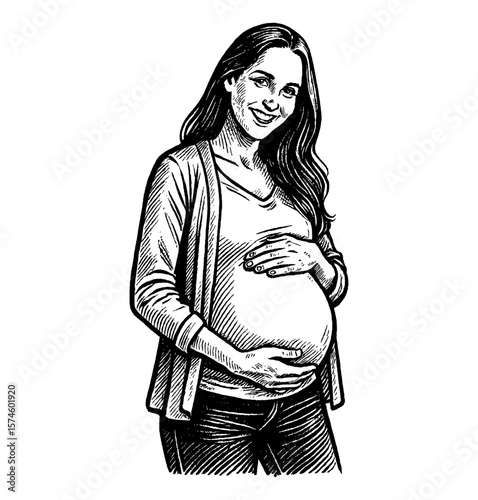 Smiling Pregnant Woman Holding Her Belly in Black and White Detailed Engraving Illustration