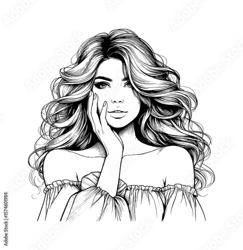 Attractive Woman with Hand on Face in a Flirty and Confident Pose Illustration