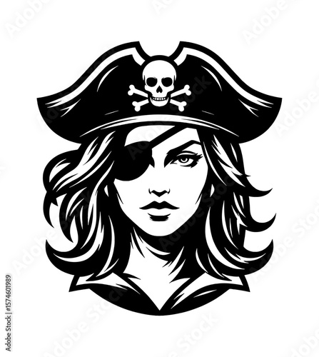 Pirate Woman with Eye Patch and Pirate Hat with Skull, Black and White Vector Illustration