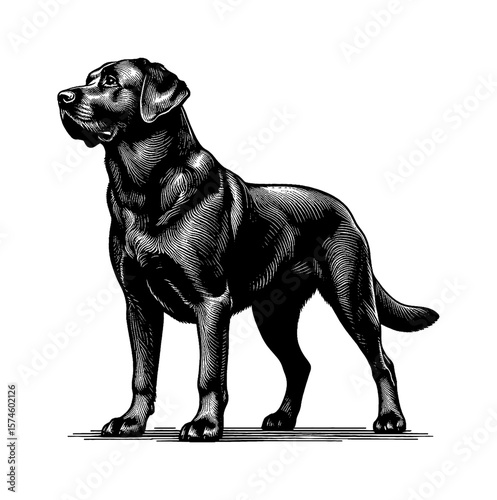 Detailed Engraving of a Black Labrador Standing Profile on White Background