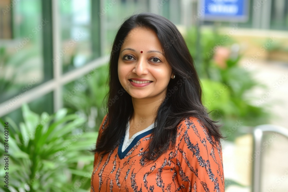 Smiling Young Woman with Red Bindi Looking at Camera in Modern Indoor Setting Smiling Young Woman with Red Bindi Looking at Camera in Modern Indoor Setting