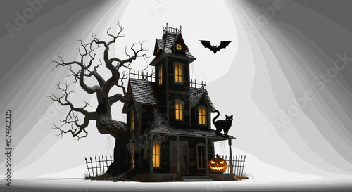 Illustration of a spooky haunted house with a black cat and bat for halloween