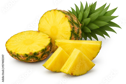 Freshly cut pineapple slices and half pineapple isolated on white background