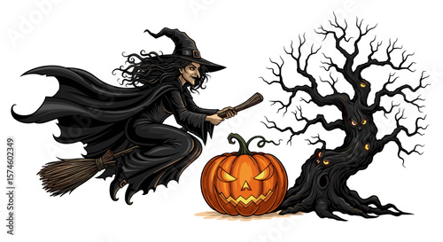 A halloween scene depicting a witch flying on a broom next to a pumpkin and tree