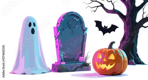 Halloween scene with ghost tombstone pumpkin bat and spooky tree illustration