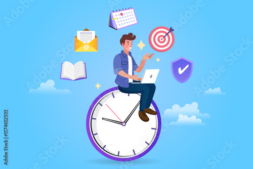 man sitting on a large clock, working on a laptop, surrounded by business icons like a calendar, target, and shield, symbolizing time management, productivity, deadlines, and efficiency in business.