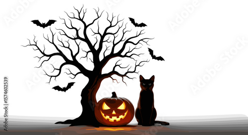 Halloween scene with a bare tree, bats flying, pumpkin, and black cat standing by