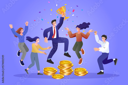 A vibrant illustration depicting a group of diverse business professionals celebrating a victory, with one person holding a large trophy and coins raining down. Conveys success, teamwork, achievement.