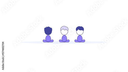 Three simple figures seated in a row.
