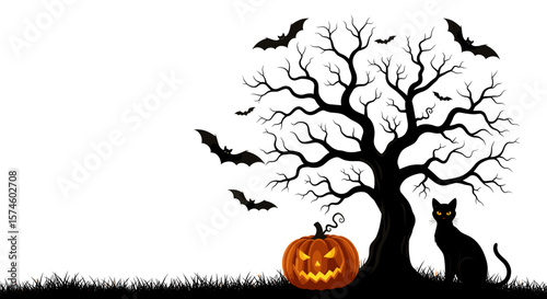 Halloween scene with black cat, pumpkin, bats, and bare tree silhouette image