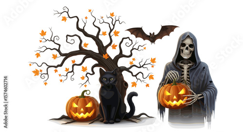 Halloween scene with grim reaper, black cat, pumpkins, bat, and autumn tree art