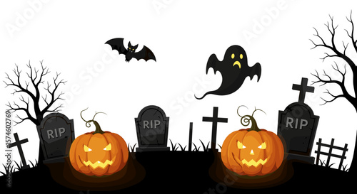 Halloween scene with pumpkins, gravestones, a bat, and a ghost in a graveyard