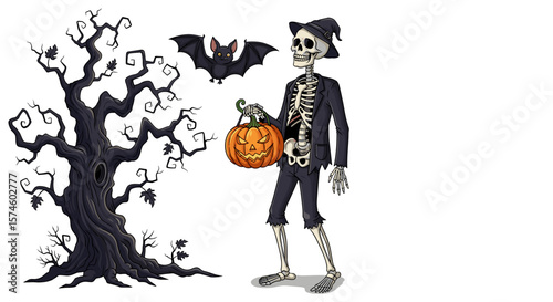 Illustration of a skeleton with a pumpkin, a bat, and a spooky tree for halloween