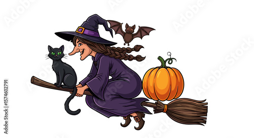 A witch flying on a broomstick with a black cat a bat and a pumpkin attached