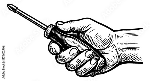 Close up of Hand Holding Screwdriver in Detailed Engraving Black and White Style