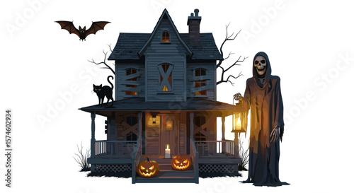 Spooky haunted house with cat, bat, pumpkins, and grim reaper for halloween night
