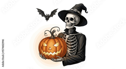 A halloween skeleton with a witch hat holding a pumpkin with a bat flying around