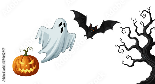 Illustration of a ghost, pumpkin, bat, and tree on a white halloween background