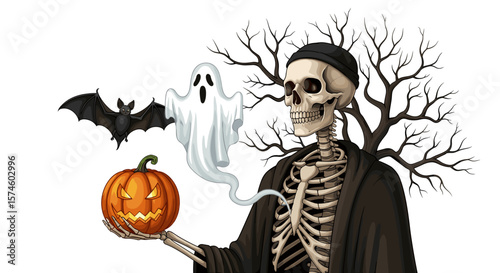 A skeleton holding a pumpkin with a ghost and bat near a bare tree for halloween
