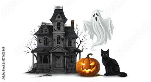 Haunted house with ghost, black cat, and pumpkin for a halloween themed image