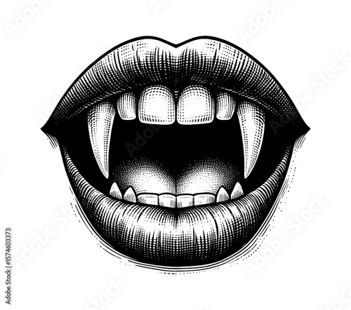Close up of Vampire Fangs and Mouth in Black and White Detailed Engraving Style Illustration